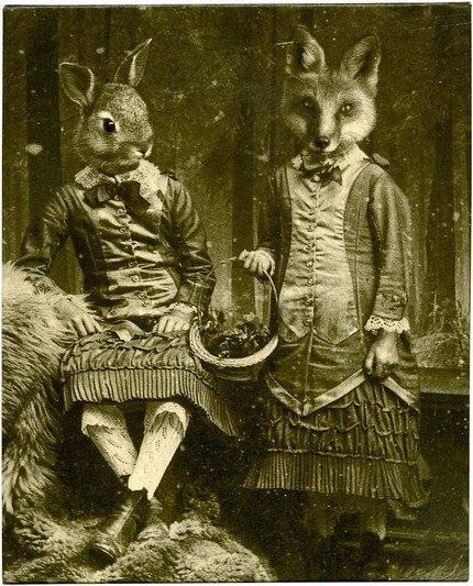 Victorian photo print, bunny and fox